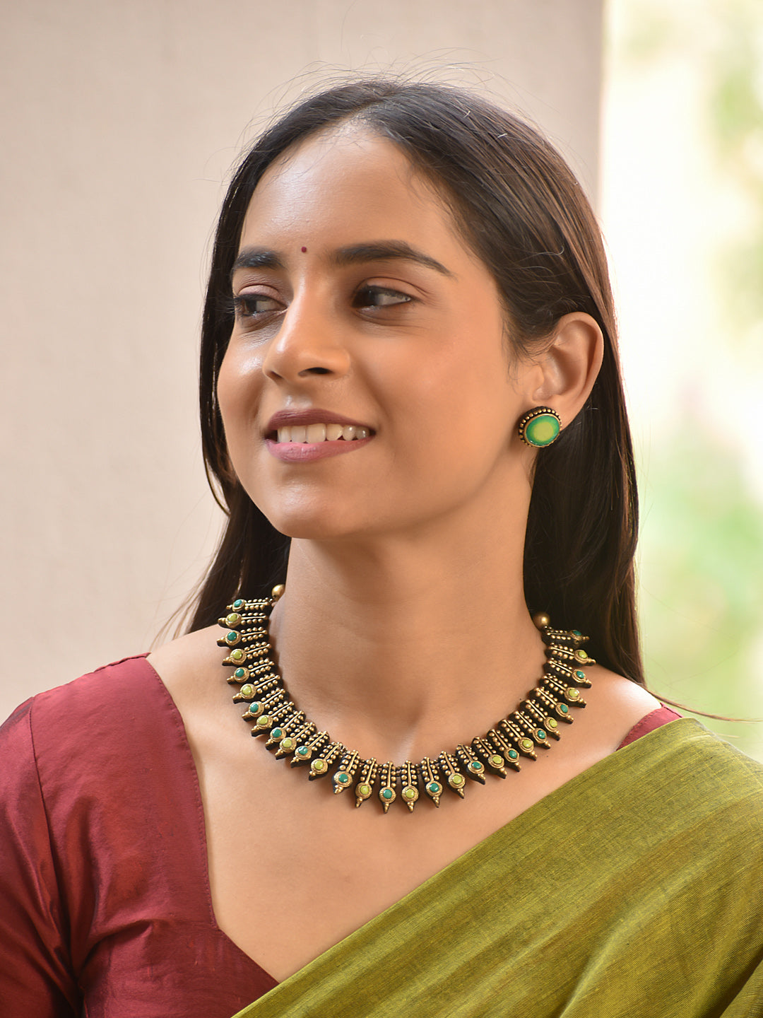 Terracotta Green Bead Fringe Choker Necklace Set