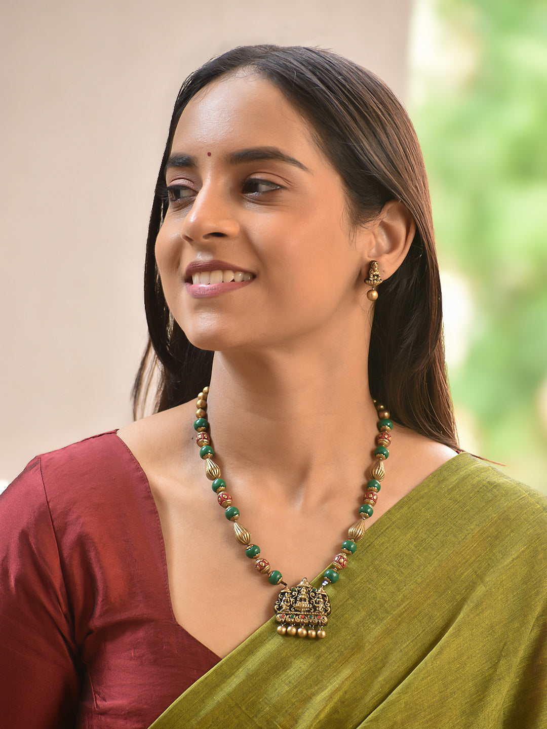 Terracotta Green Bead Temple Pendant Necklace Set