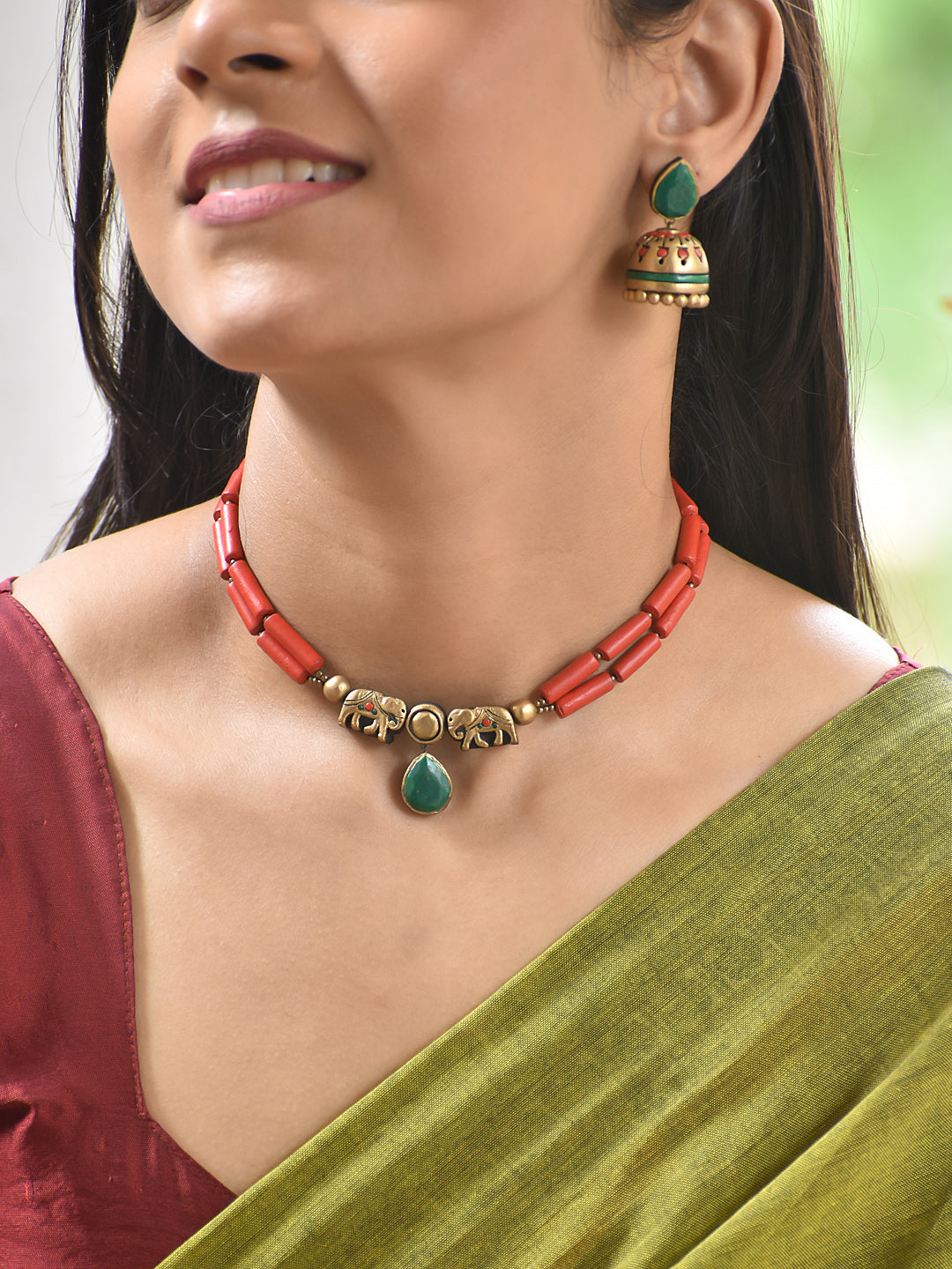 Terracotta Coral Bead Elephant Choker Necklace Set