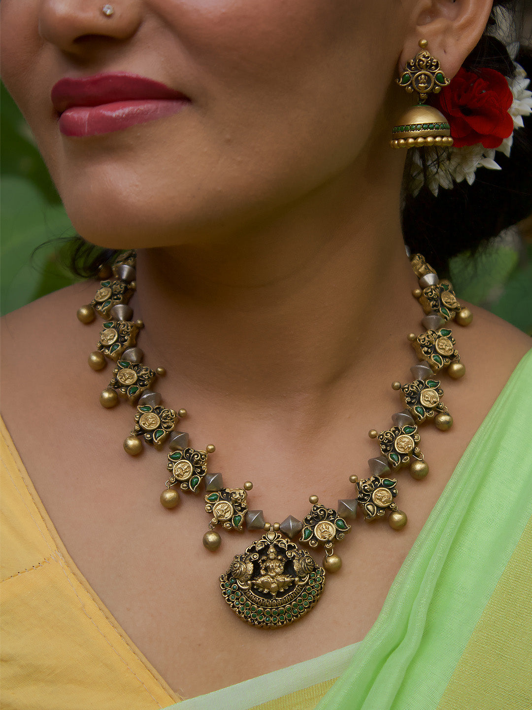 Lakshmi and Mango Design Antique Gold Silver Sap Green Handmade Terracotta Necklace Set
