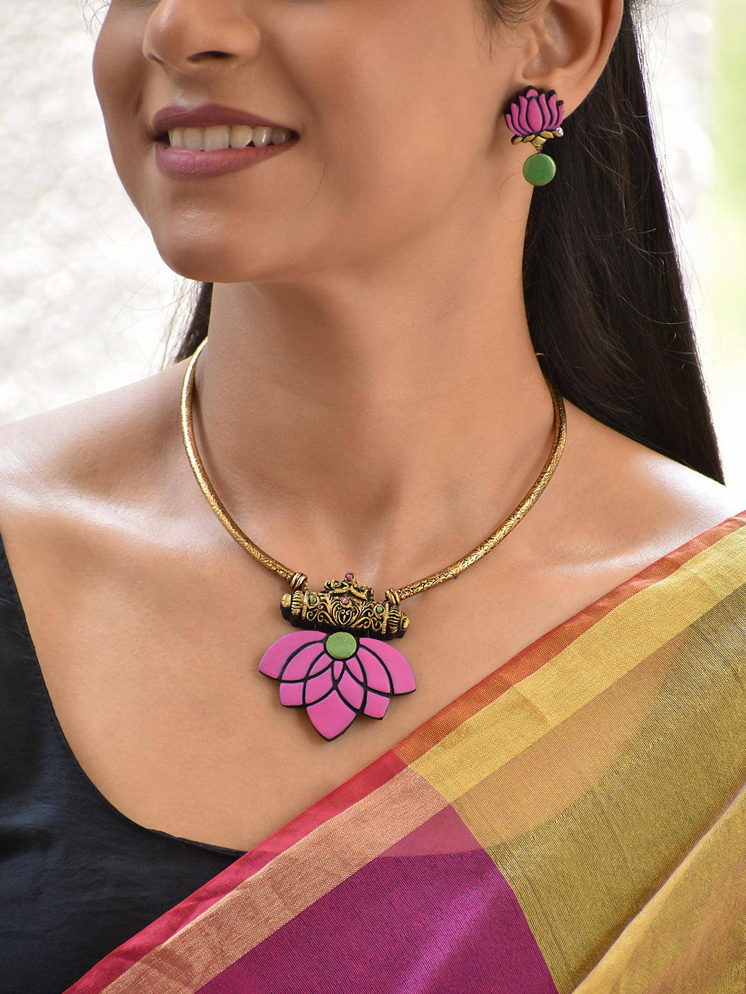 Terracotta Pink Lotus Pendant Choker Set