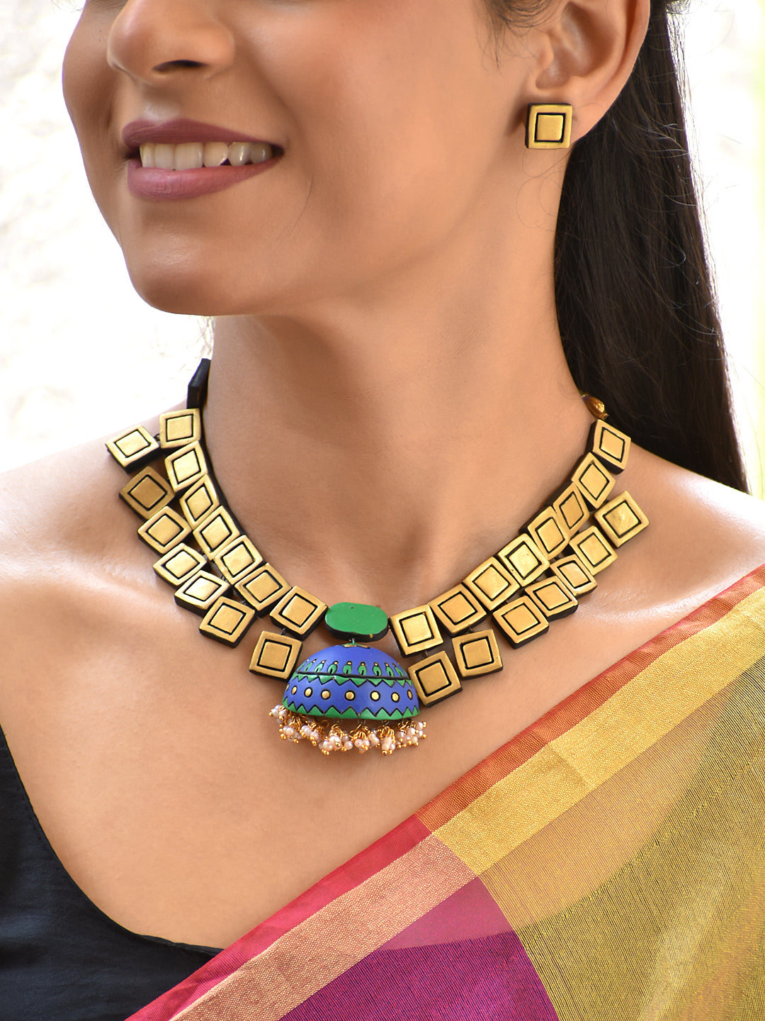 Terracotta Geometric Square Layered Necklace Set