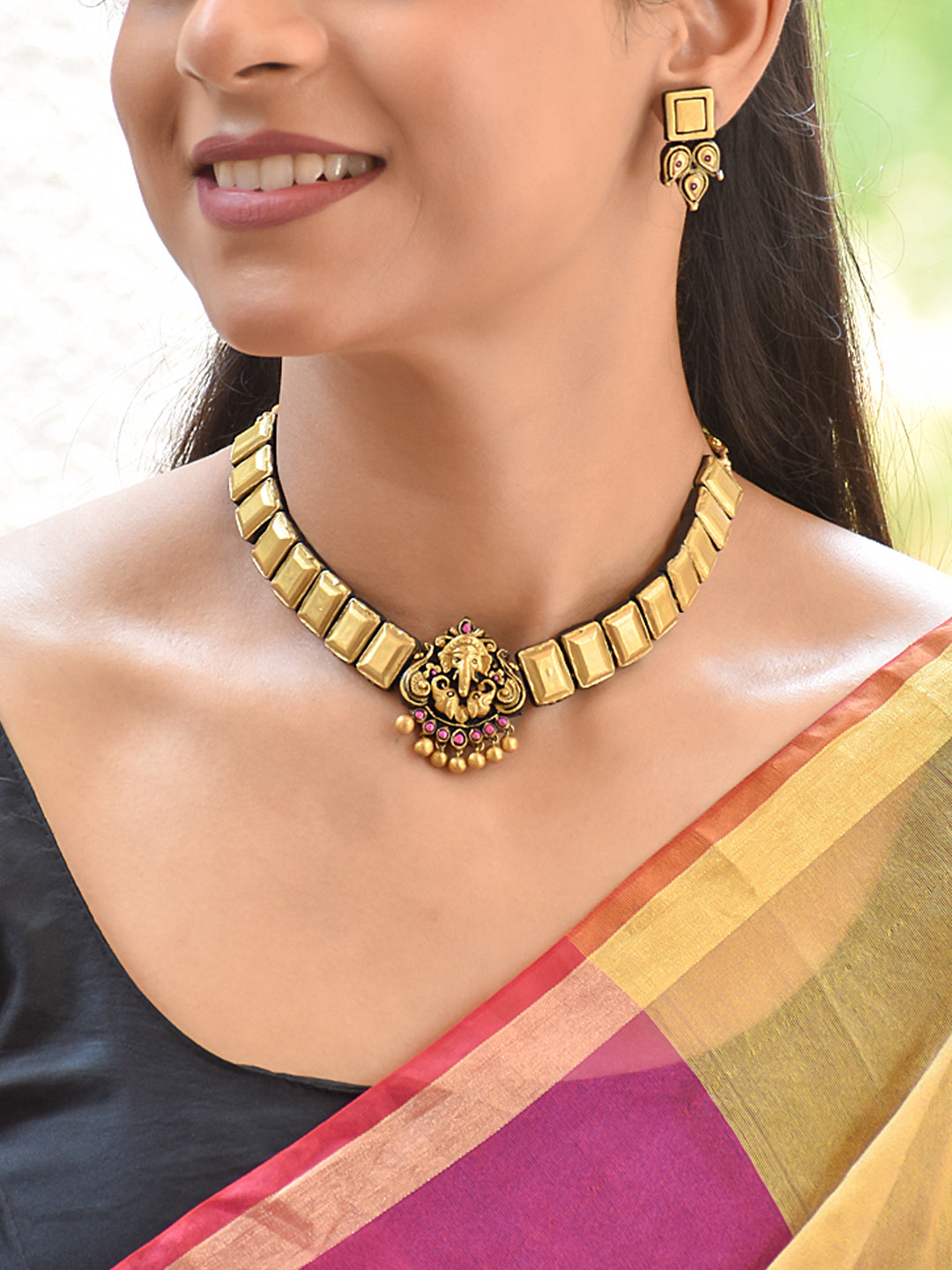 Terracotta Ganesha Pendant Block Choker Set