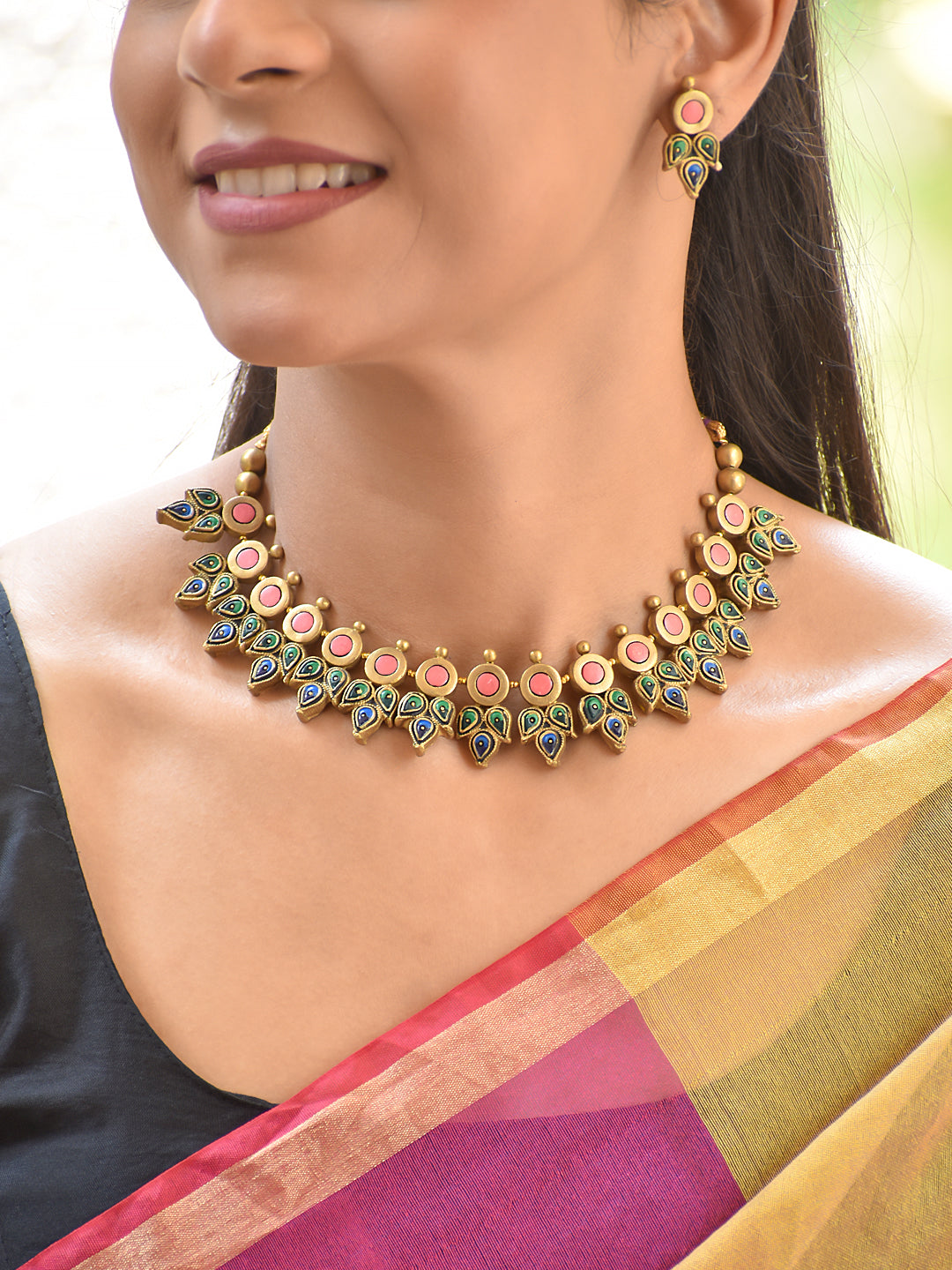 Terracotta Peacock Feather Pattern Necklace Set