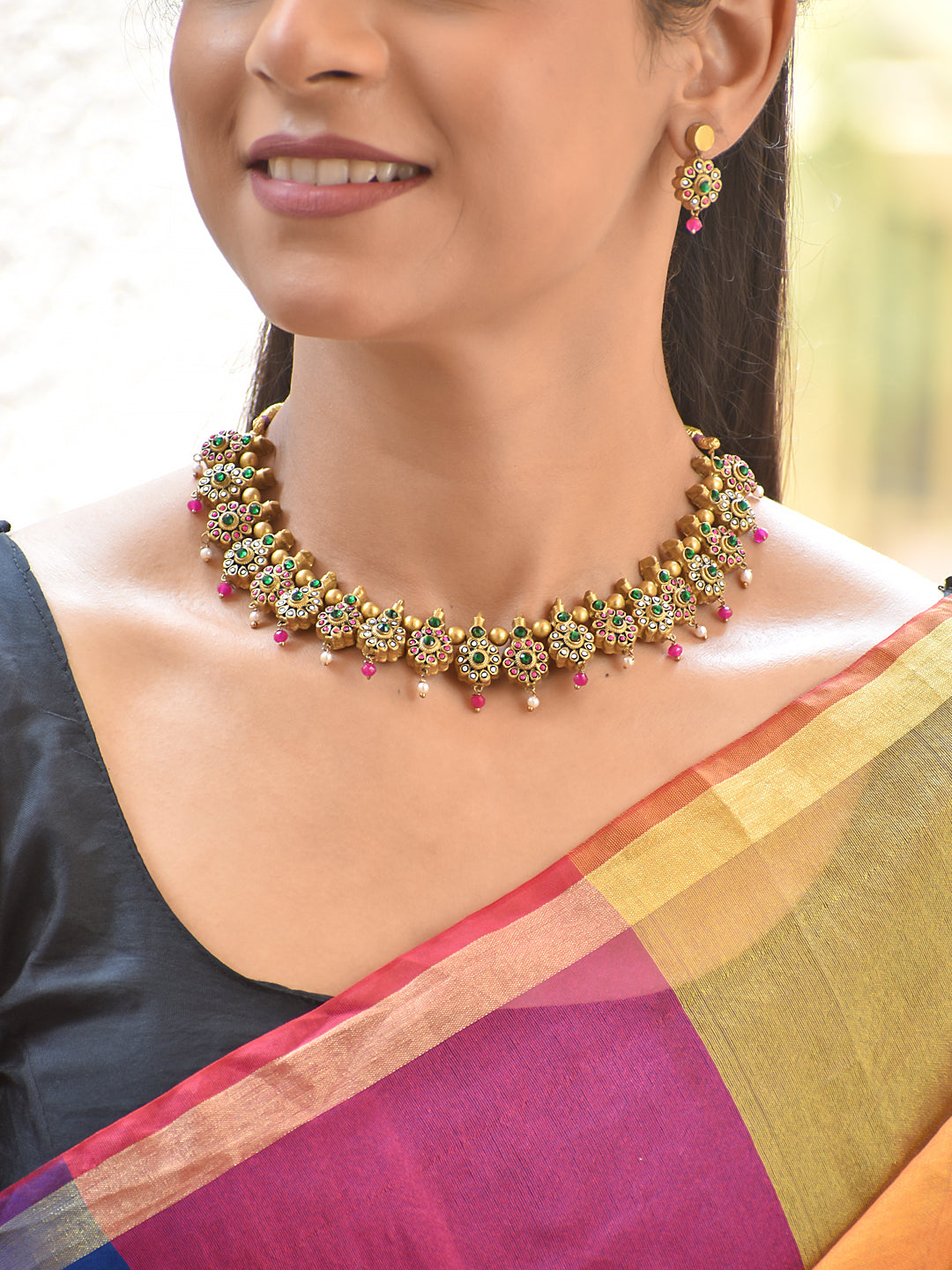 Terracotta Floral Bead Drop Necklace Set