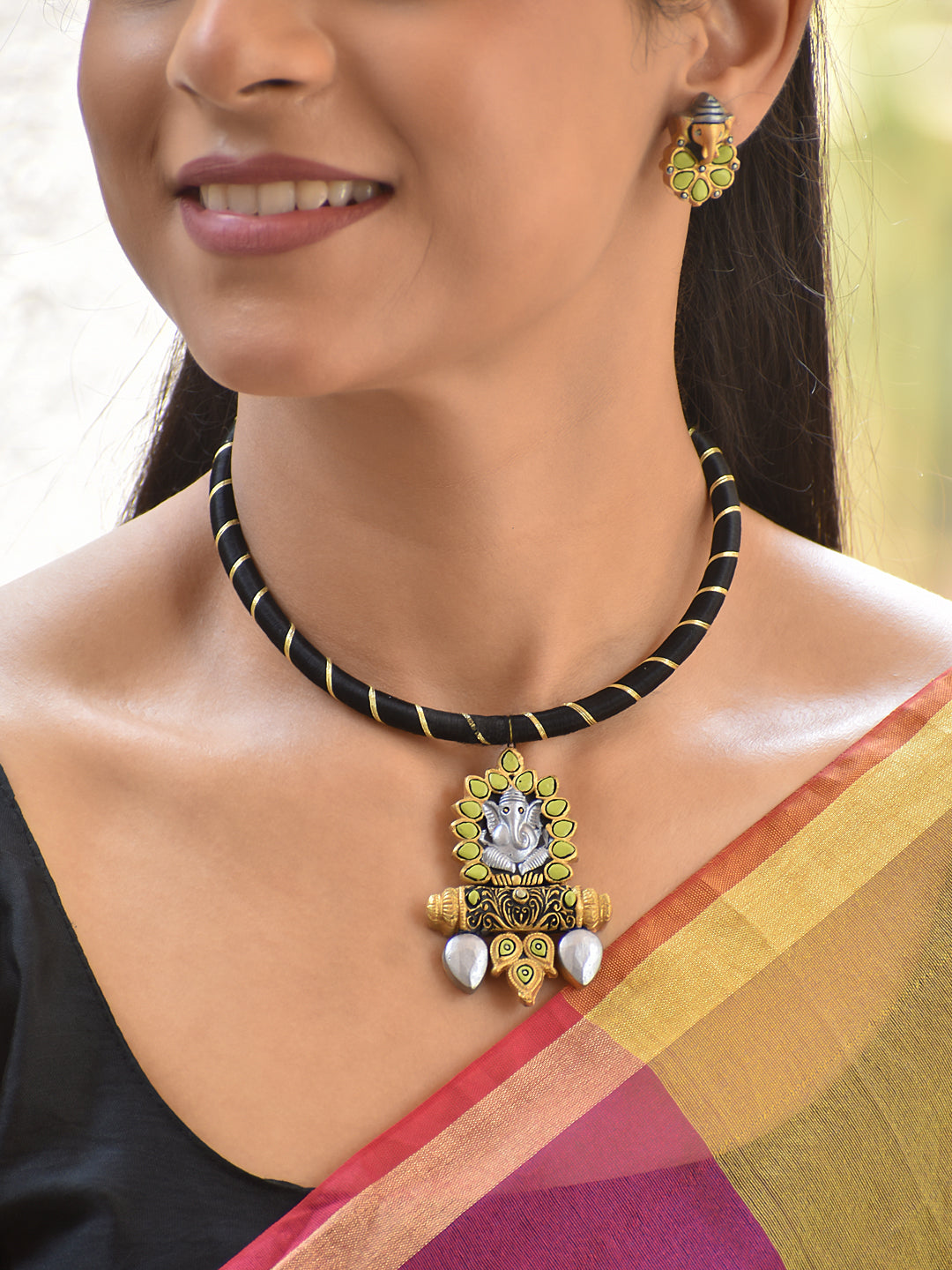 Terracotta Ganesha Motif Pendant Choker Set