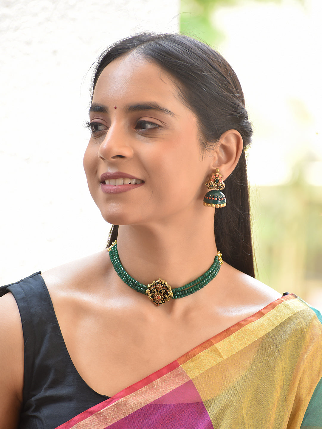 Terracotta Green Beaded Choker with Ornate Pendant