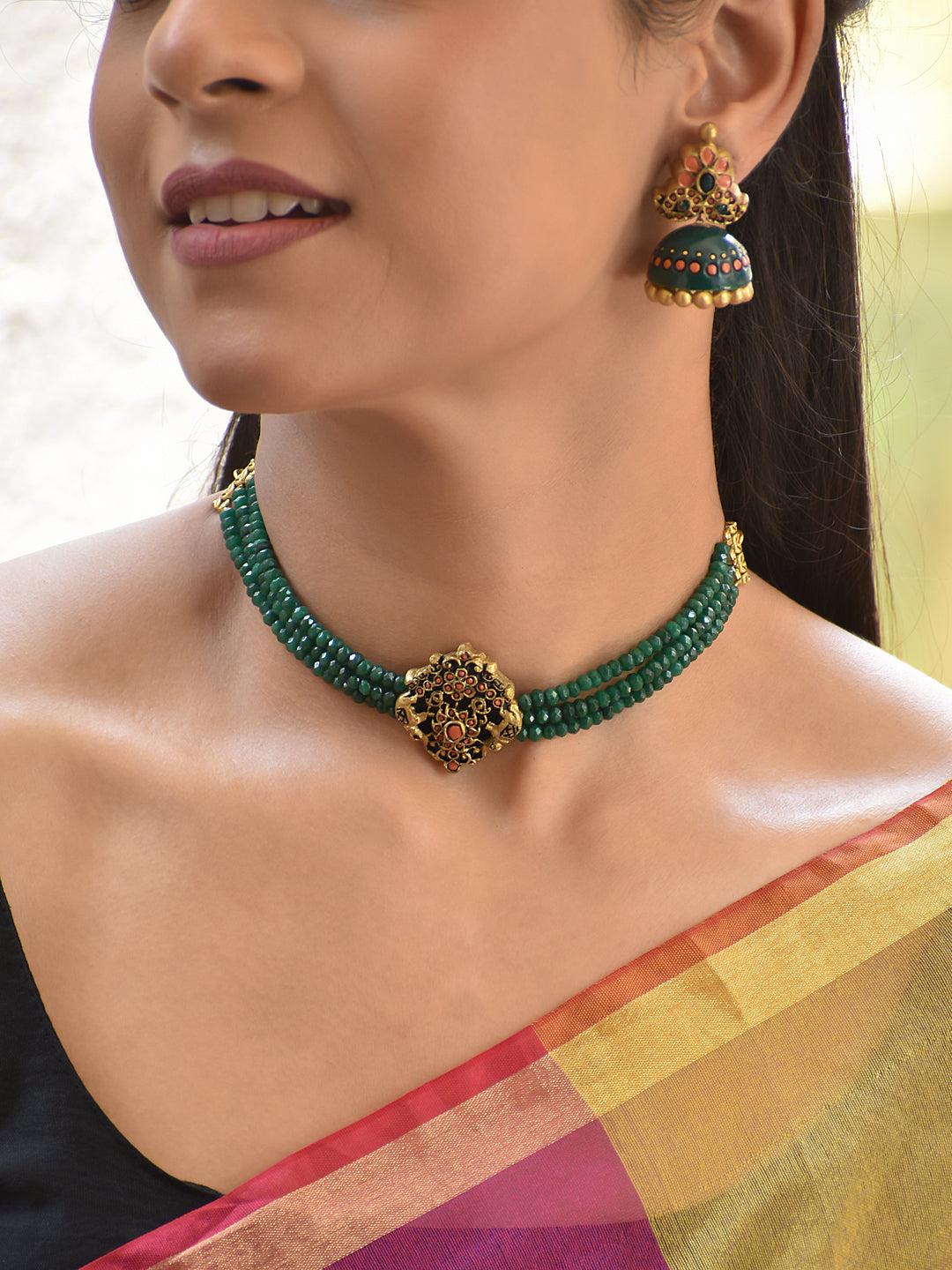 Terracotta Green Beaded Choker with Ornate Pendant