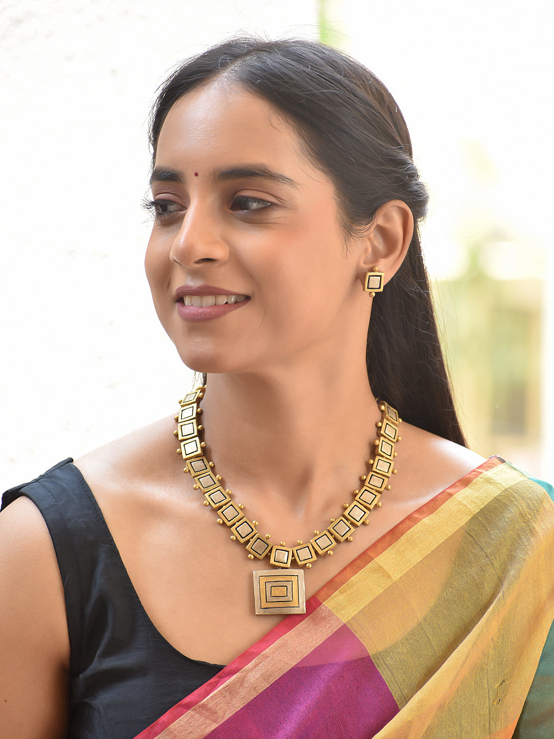Terracotta Minimal Square Motif Necklace Set