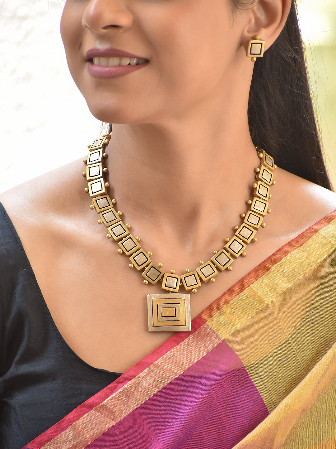Terracotta Minimal Square Motif Necklace Set