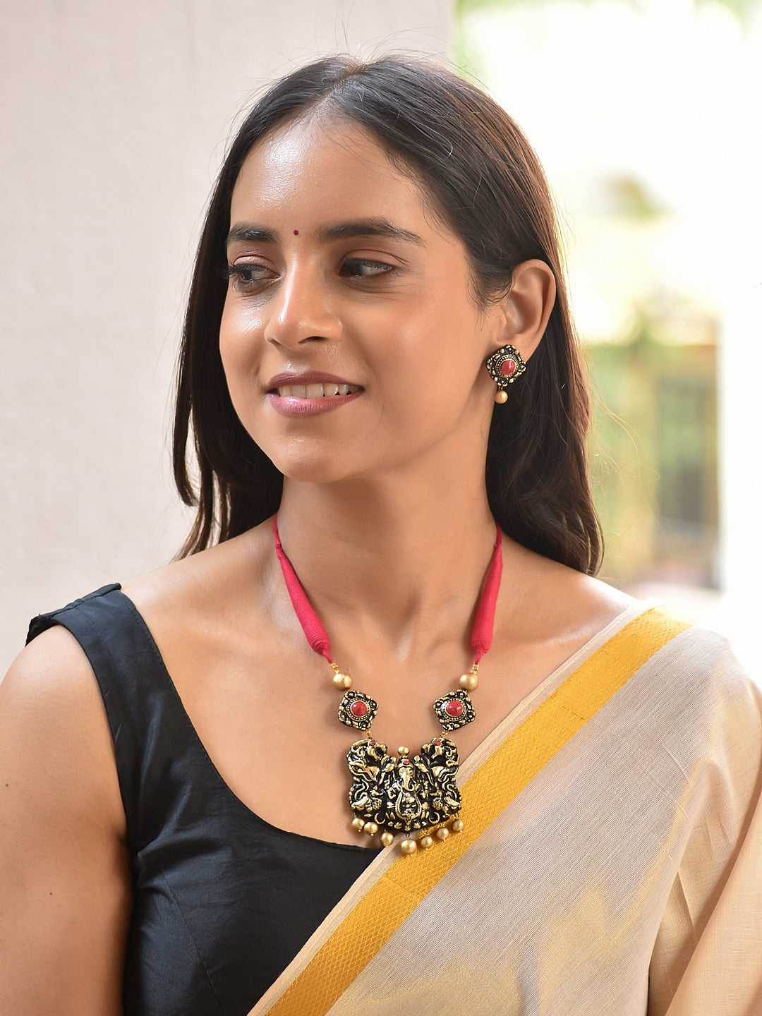 Terracotta Temple Motif Pendant Necklace with Pink Thread Cord