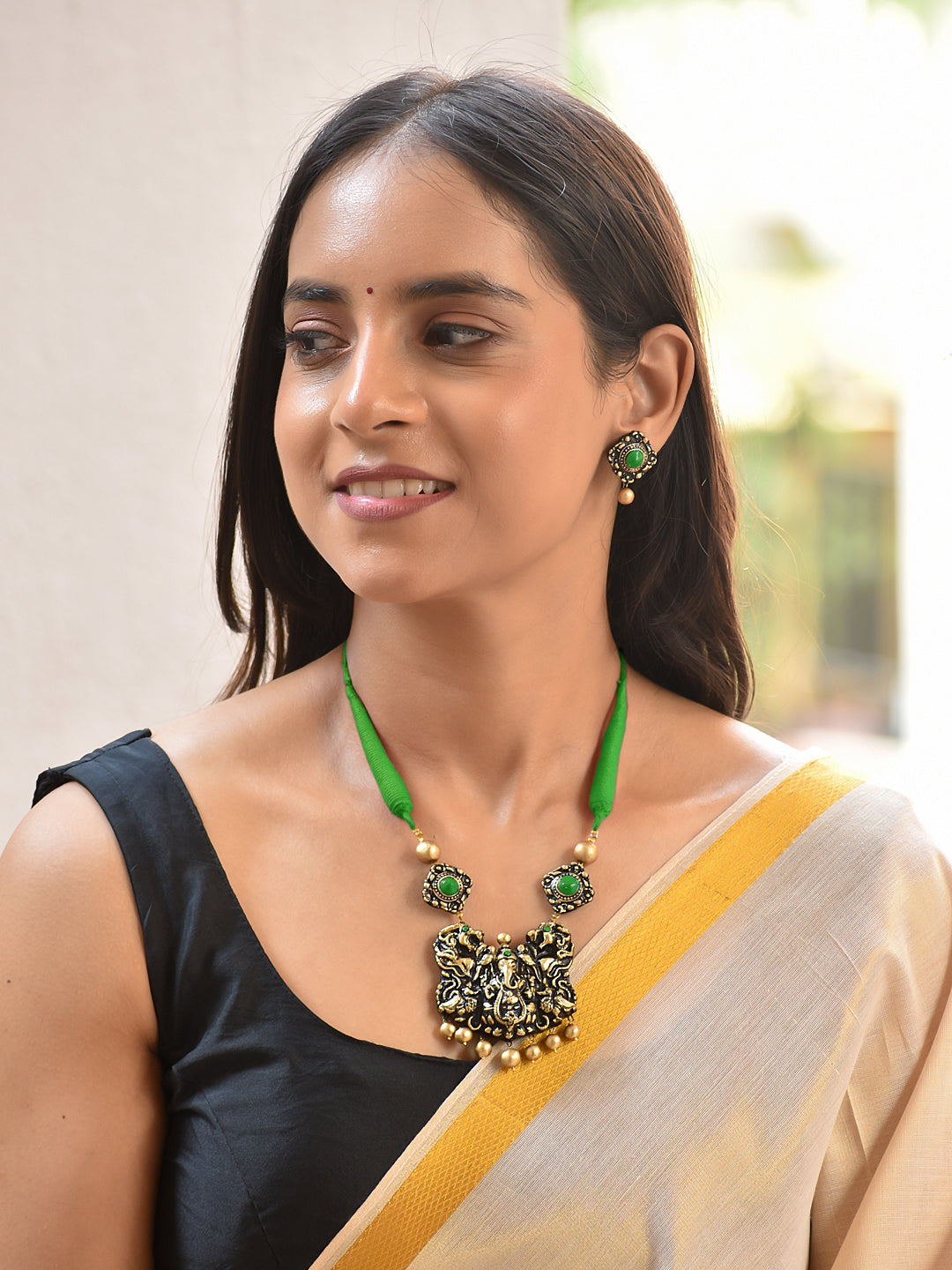 Terracotta Temple Motif Necklace with Green Thread Cord