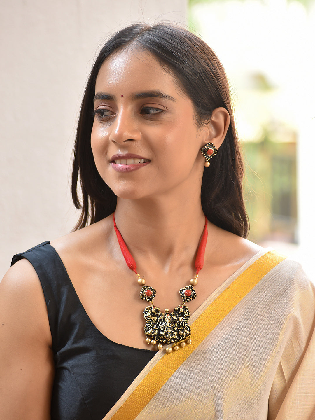 Terracotta Temple Motif Necklace with Red Thread Cord