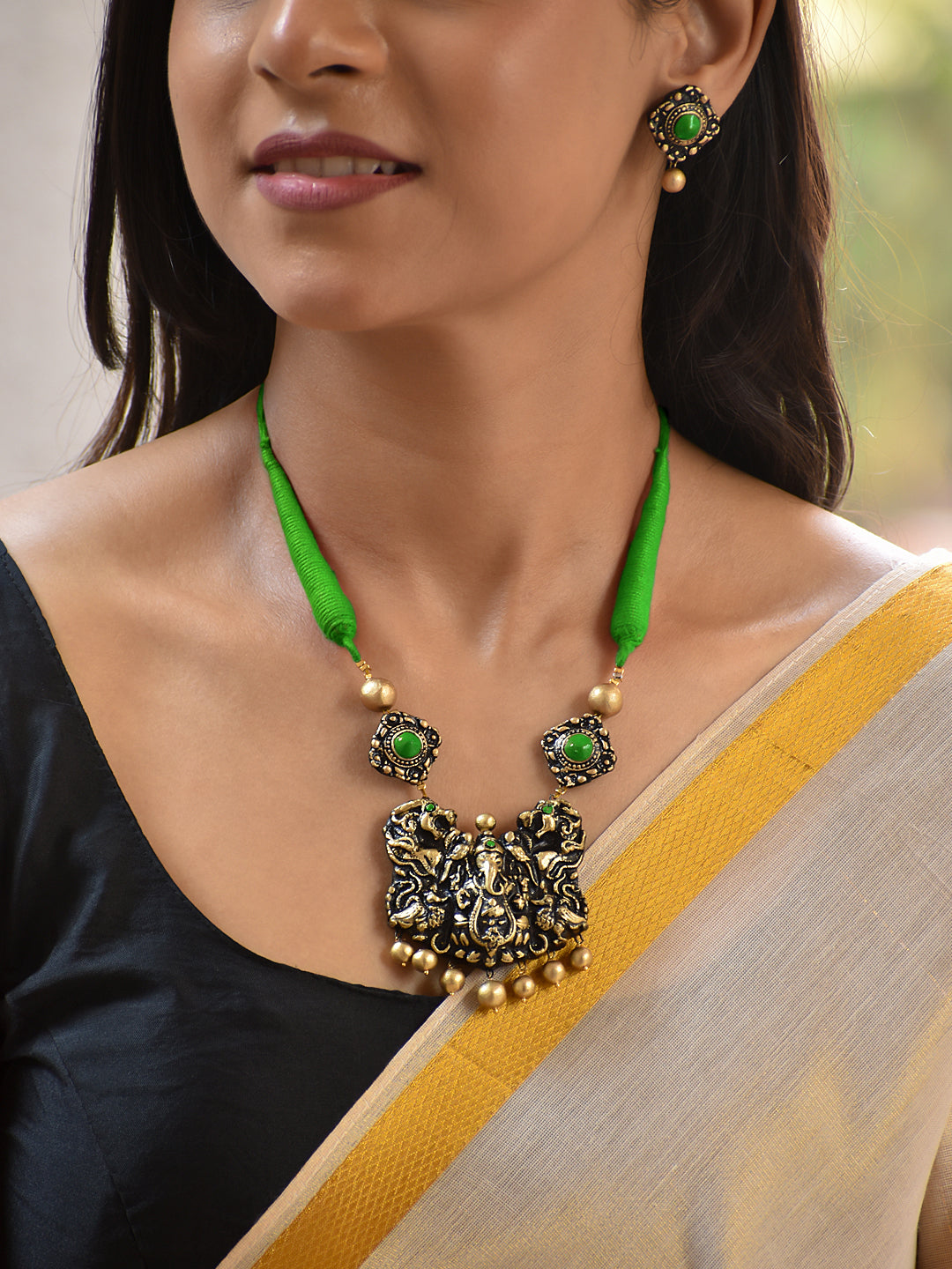 Terracotta Temple Motif Necklace with Green Thread Cord