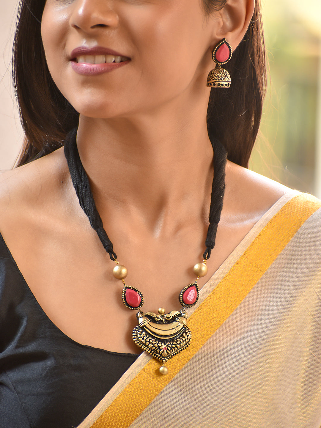 Terracotta Heart Motif Necklace with Drop Stone Detailing