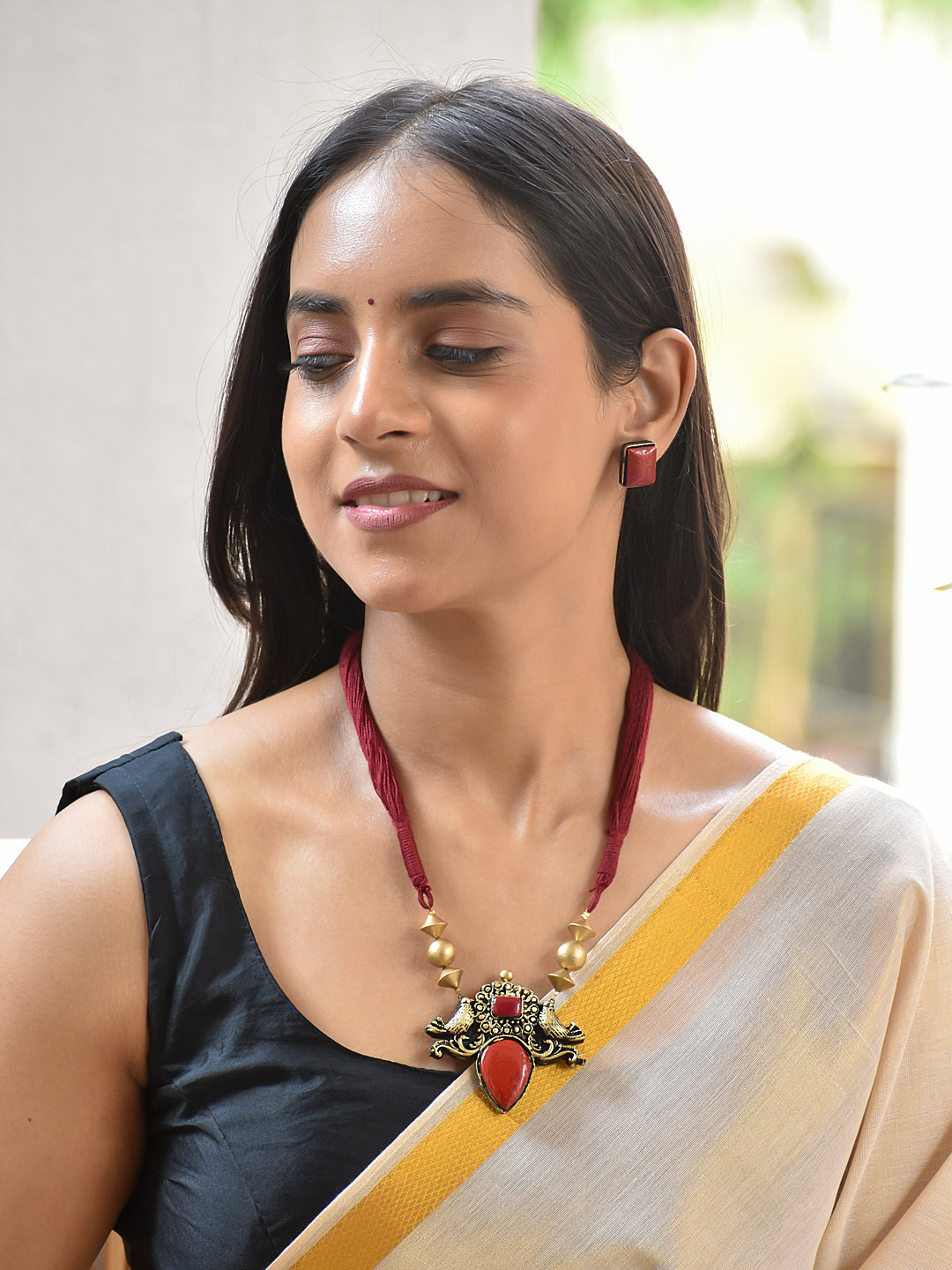 Terracotta Dual Bird Pendant Necklace with Red Stone Detailing