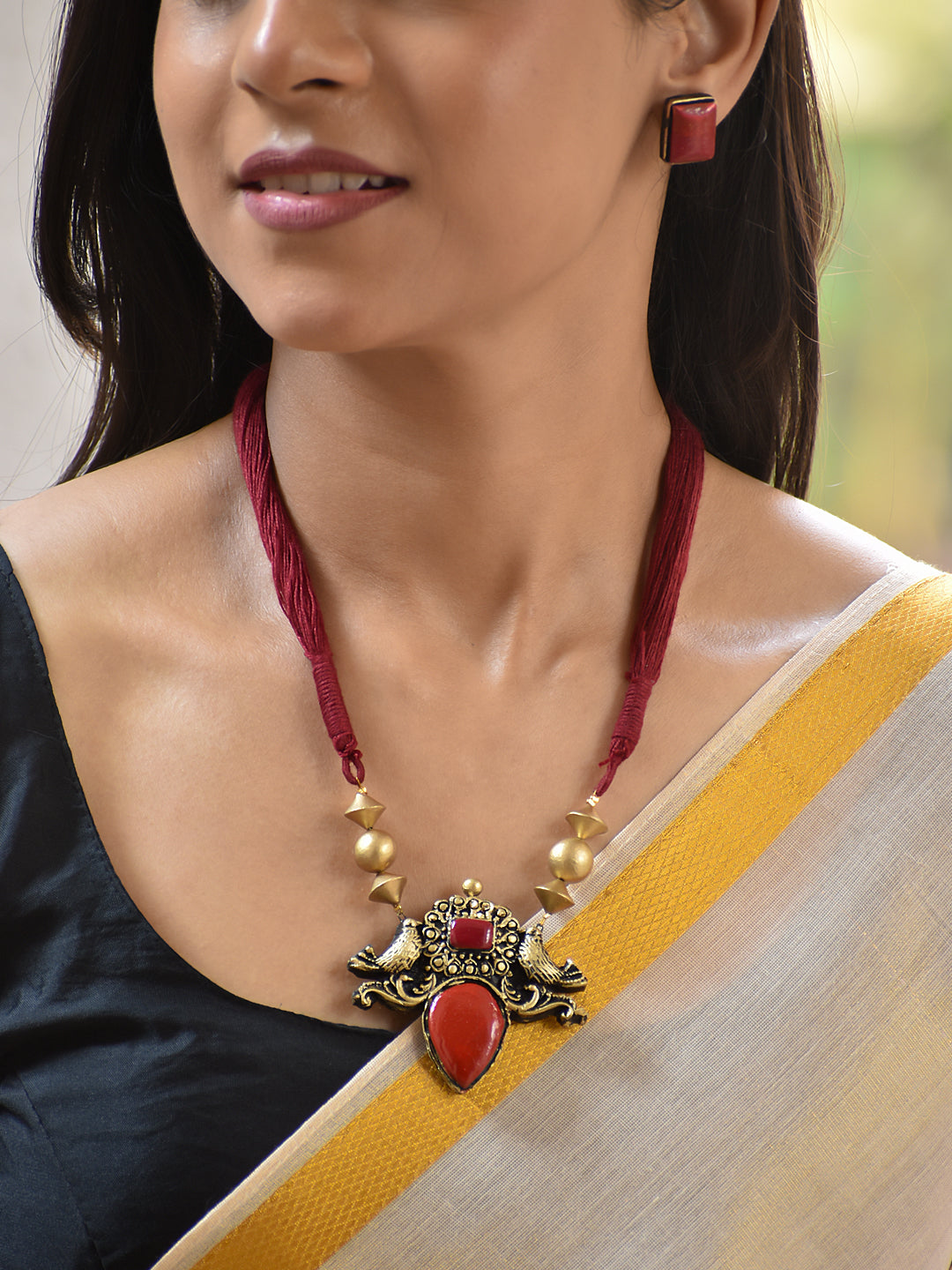 Terracotta Dual Bird Pendant Necklace with Red Stone Detailing