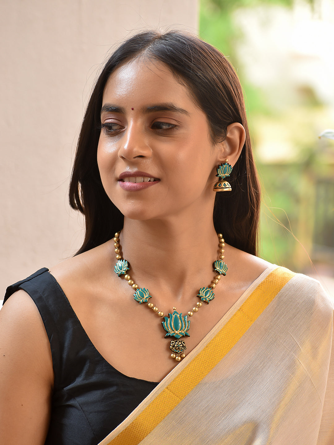 Terracotta Lotus Motif Necklace with Beaded Chain