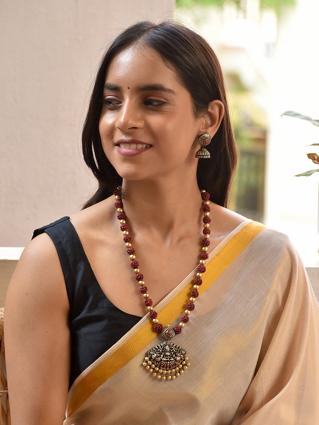 Terracotta Rudraksha Red Bead Necklace with Antique Drop Pendant