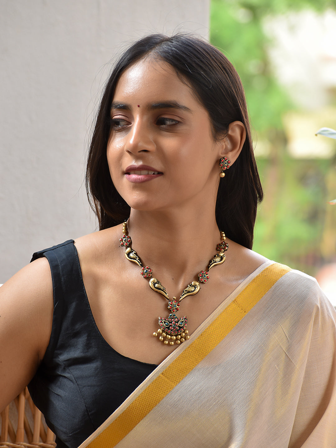 Terracotta Floral Bird Motif Necklace with Statement Pendant