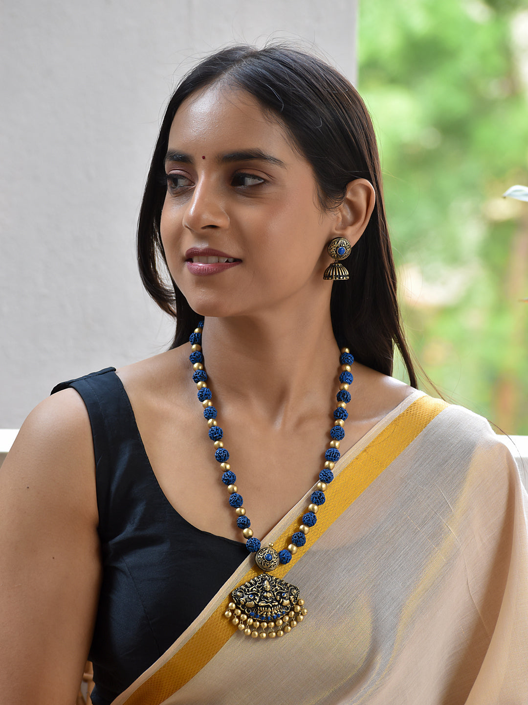 Terracotta Rudraksha Blue Bead Long Necklace with Antique Pendant