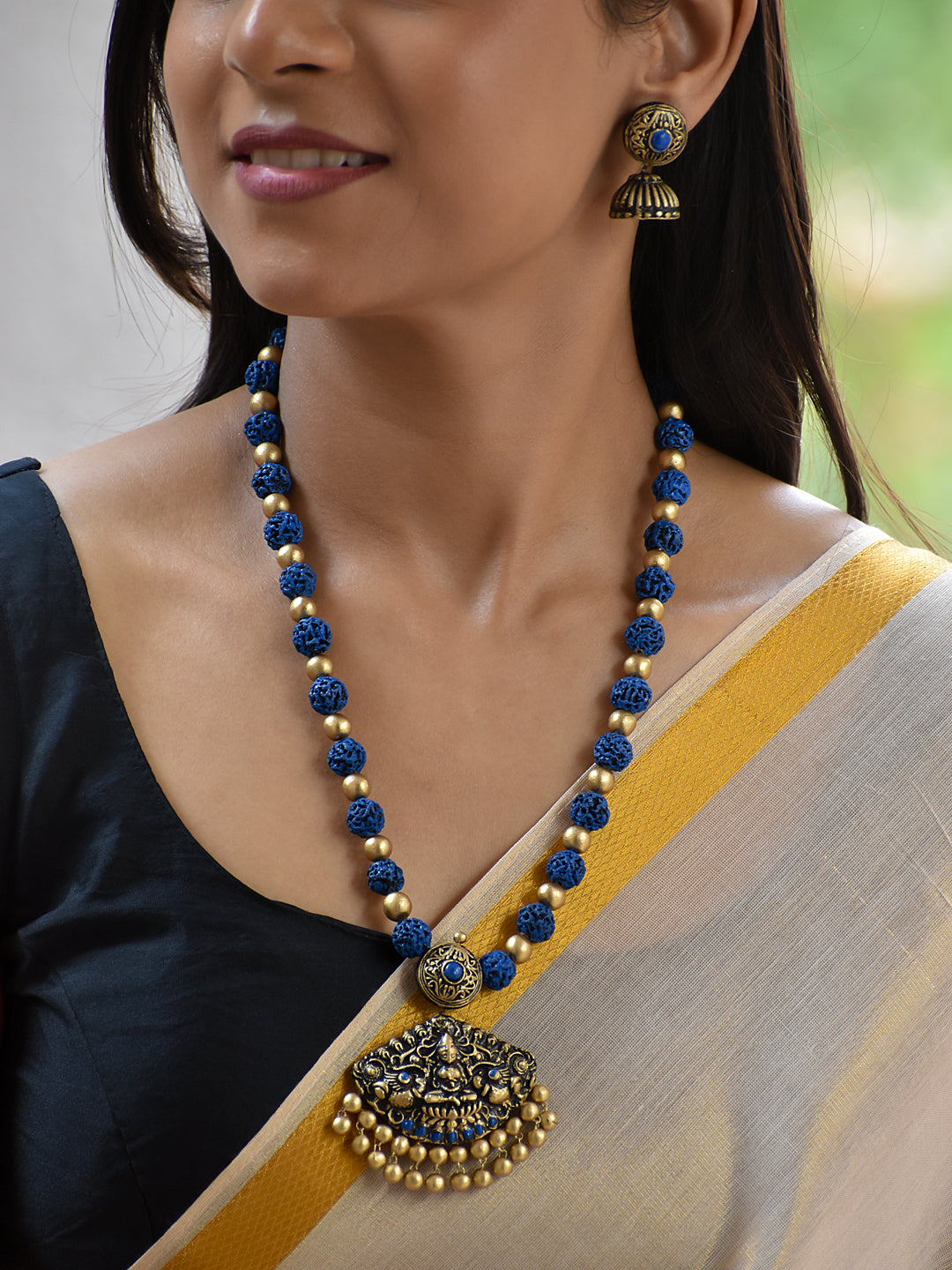 Terracotta Rudraksha Blue Bead Long Necklace with Antique Pendant