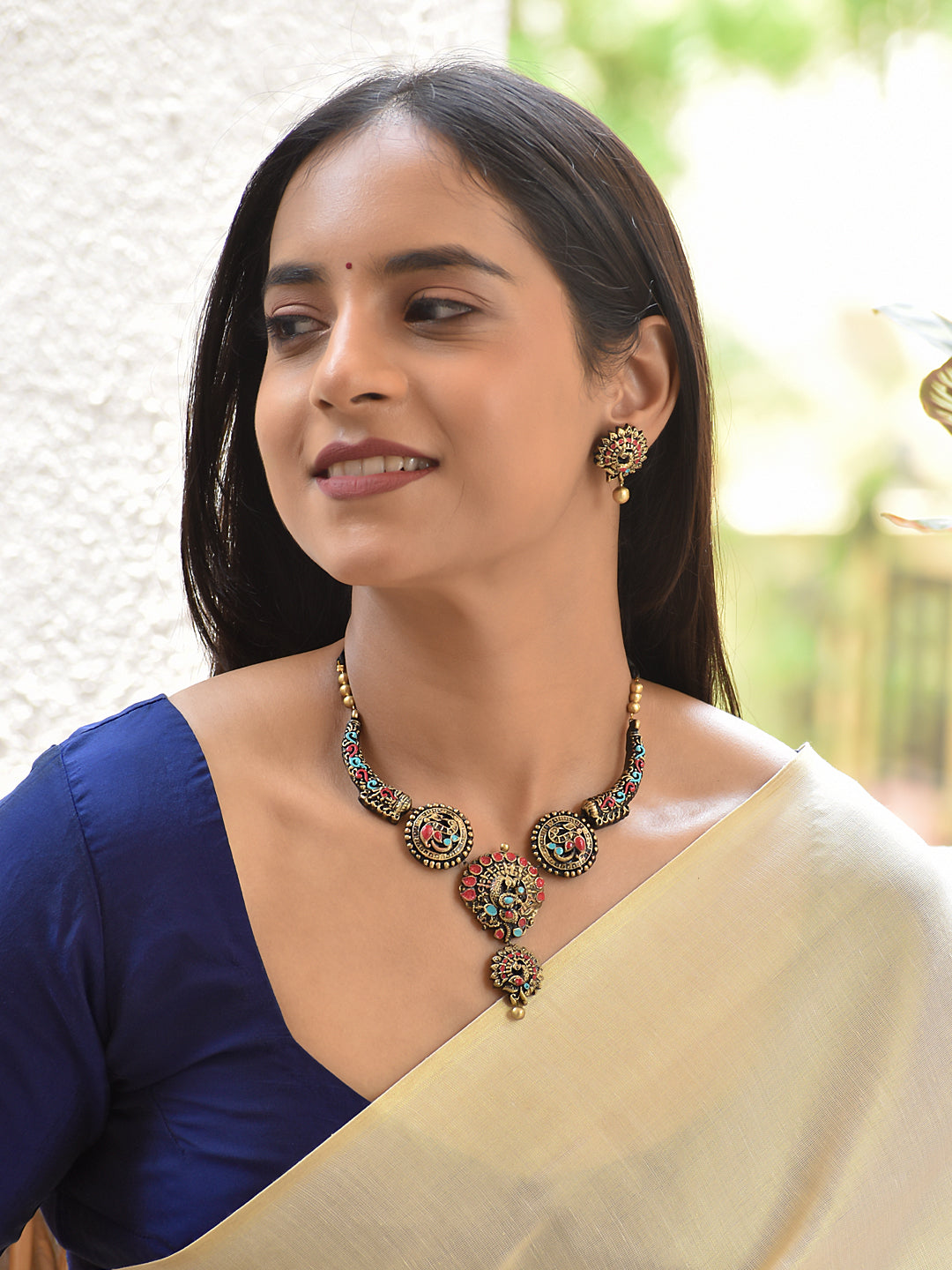 Terracotta Multicolor Motif Necklace with Layered Pendant