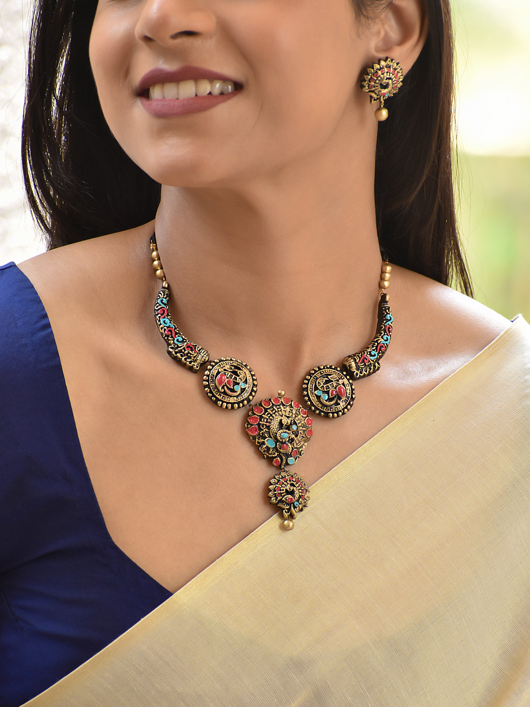 Terracotta Multicolor Motif Necklace with Layered Pendant