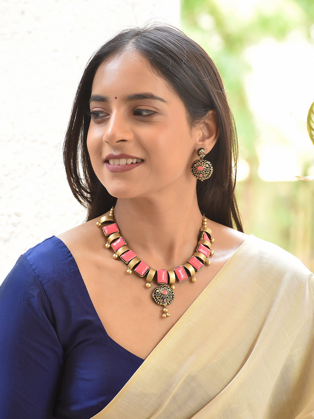Terracotta Geometric Pink Tile Necklace with Circular Pendant