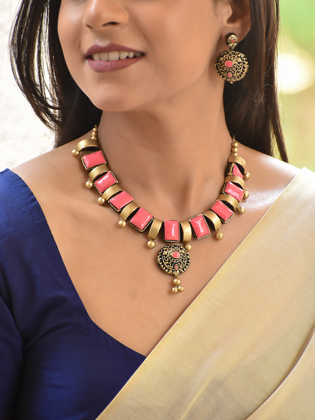 Terracotta Geometric Pink Tile Necklace with Circular Pendant