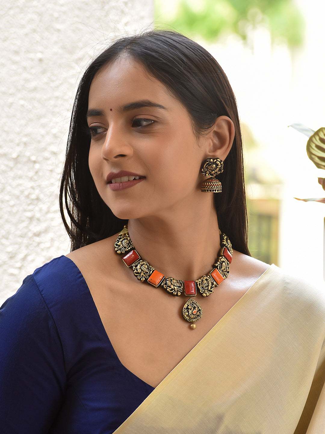 Terracotta Floral Panel Necklace with Square Stone Accents