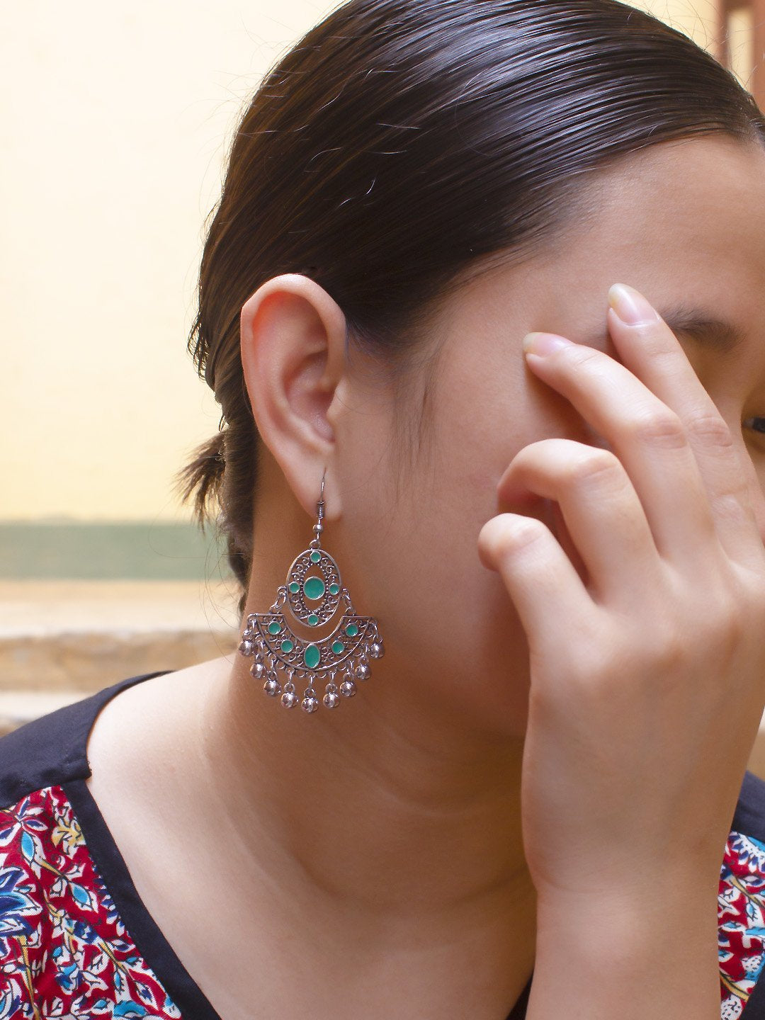 Geometric Design Blue Dangler Afghani Earring