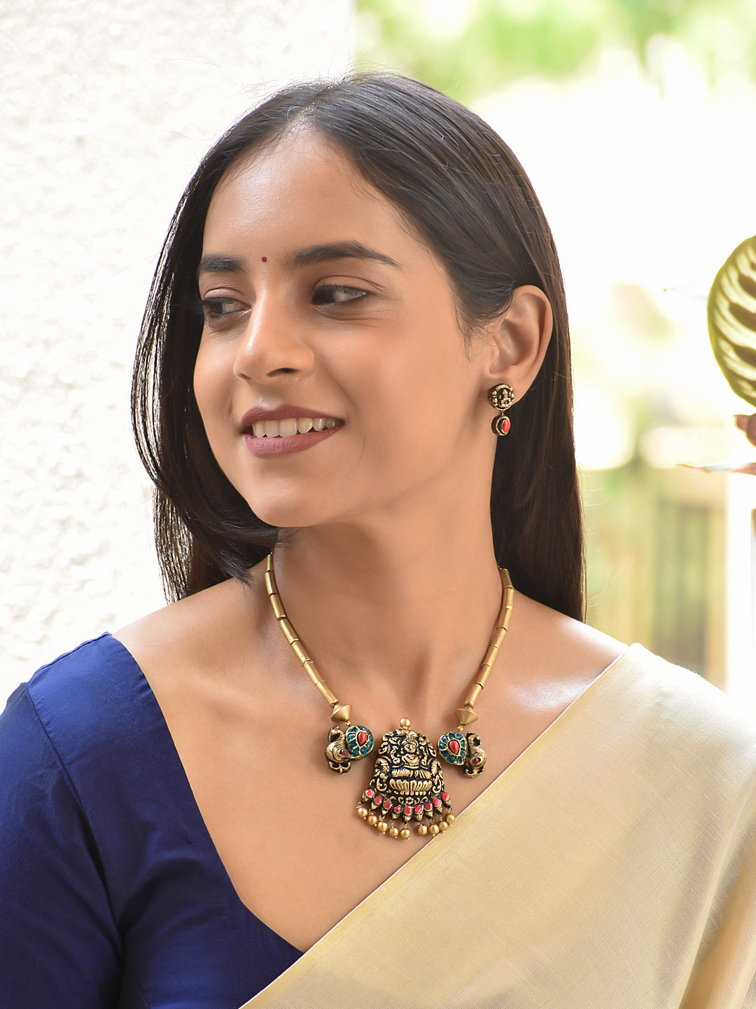 Terracotta Temple Pendant Necklace with Antique Bead Chain