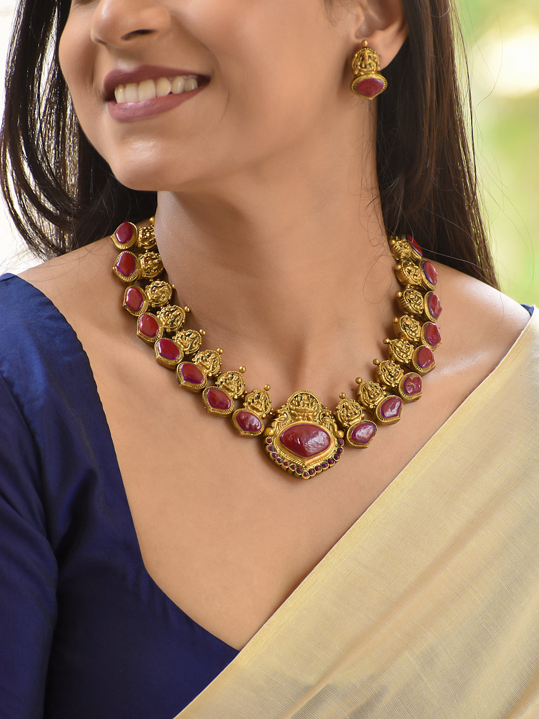 Terracotta Ruby Stone Lakshmi Temple Necklace Set