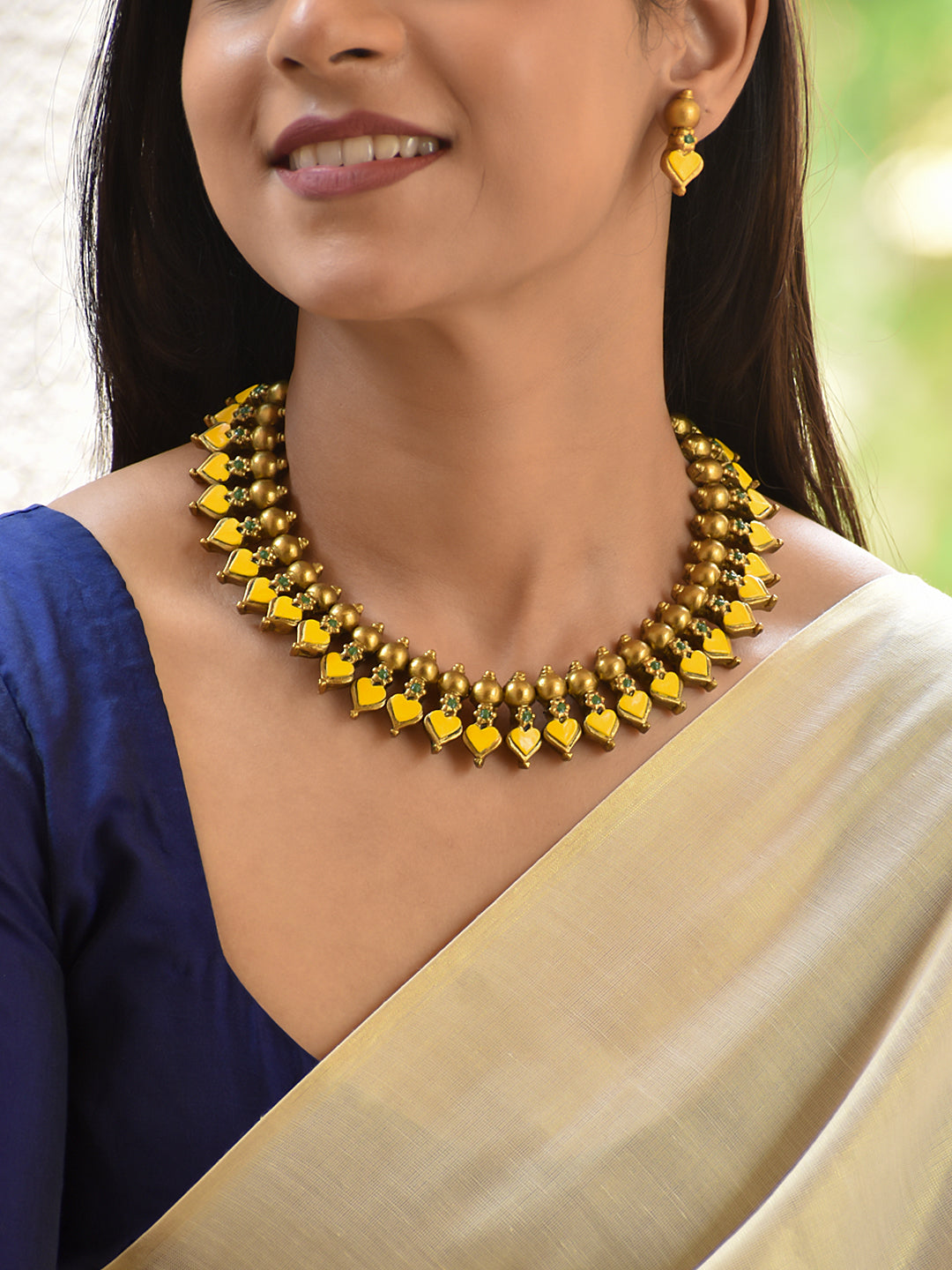 Terracotta Yellow Heart Bead Choker Necklace Set