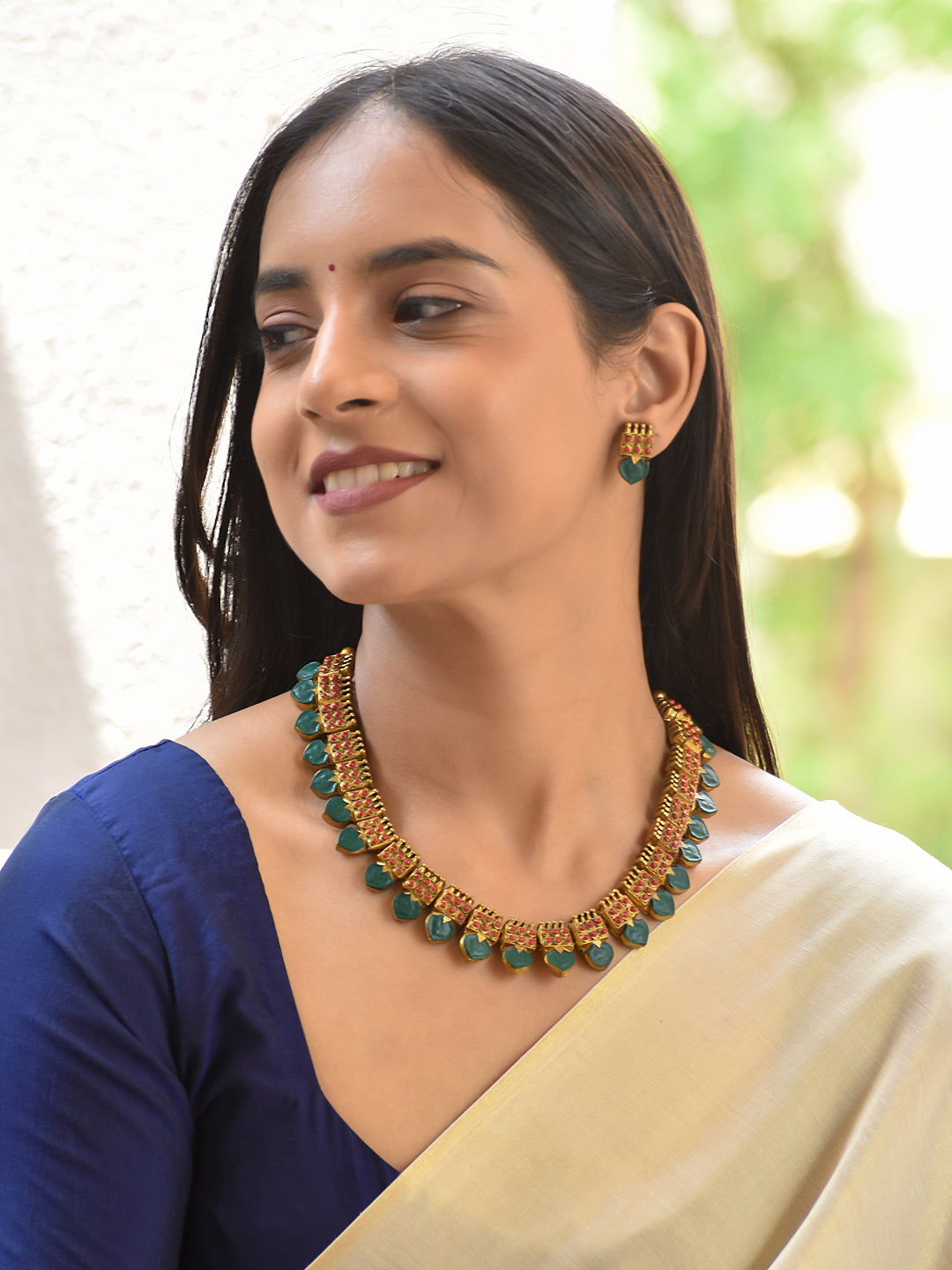 Terracotta Green Teardrop Stone Choker Necklace Set