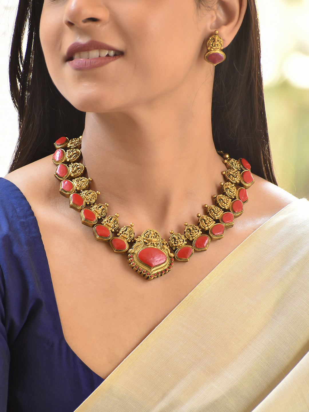 Terracotta Temple Motif Red Stone Necklace Set