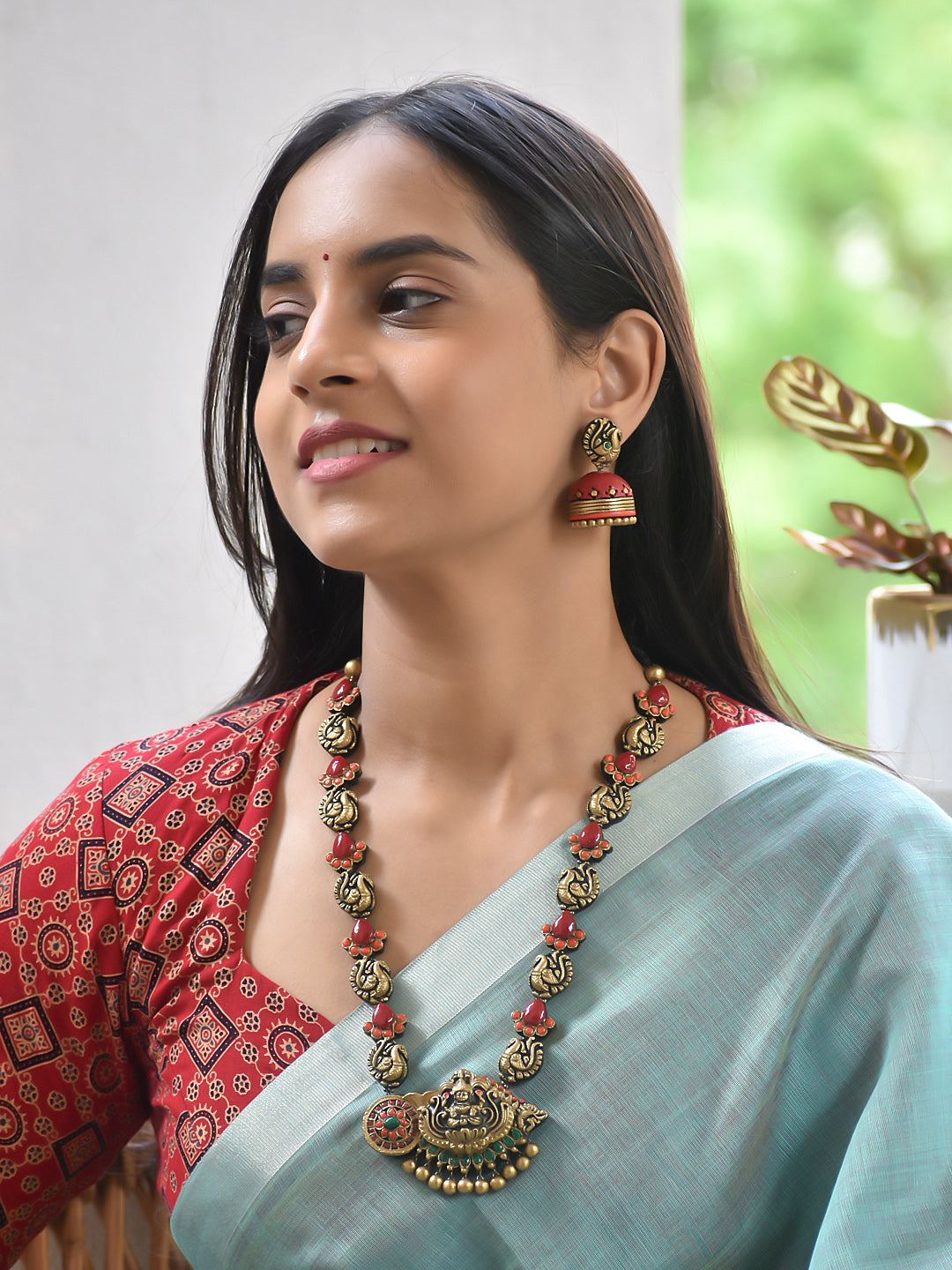 Terracotta Temple Peacock Necklace with Red Stone Drops