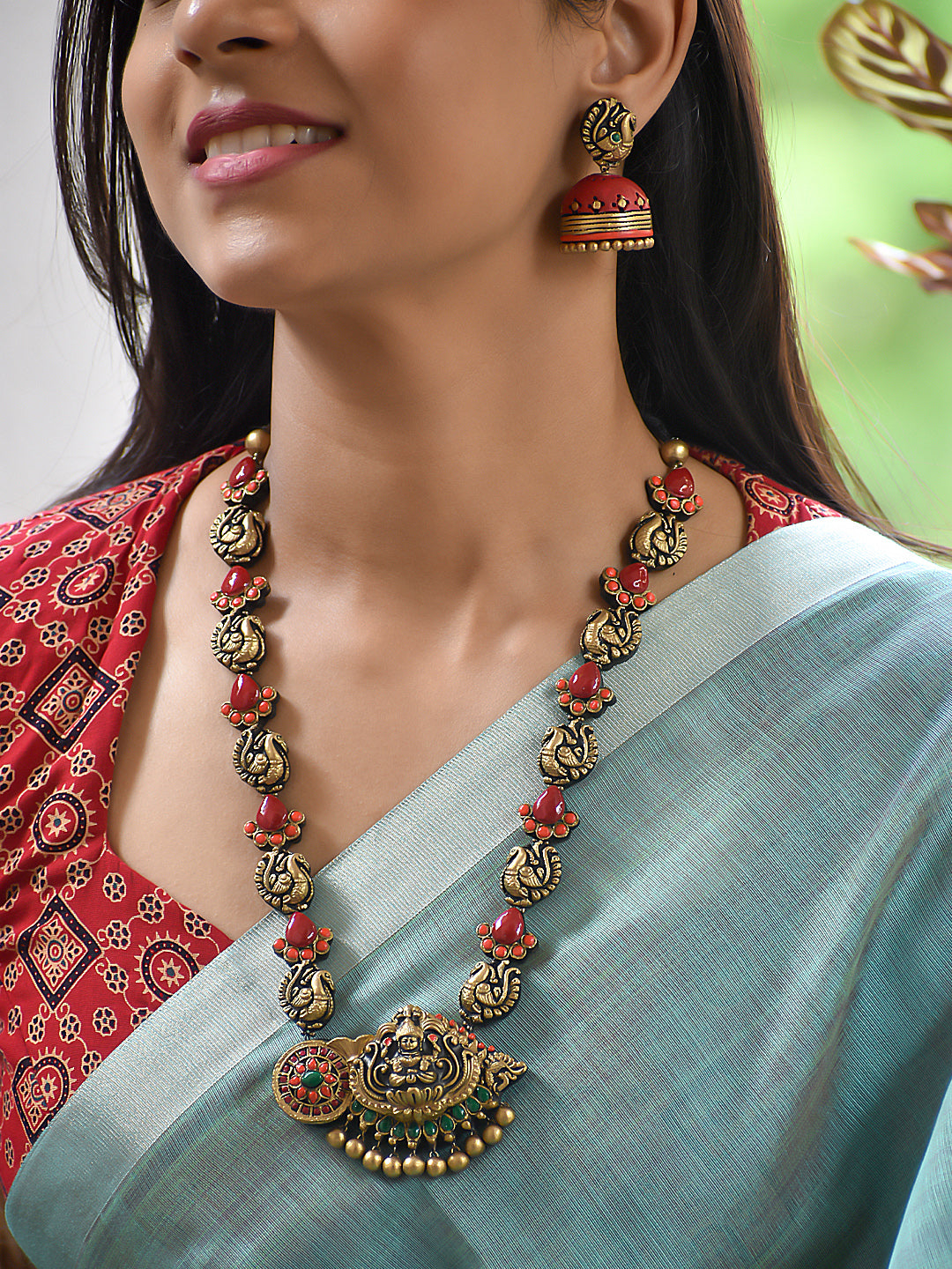 Terracotta Temple Peacock Necklace with Red Stone Drops