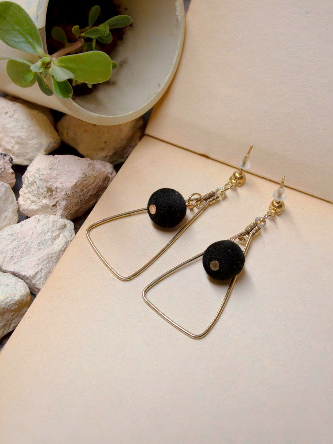 Gold Plated Triangle Design Black Color Sponge Bead Dangler Earring