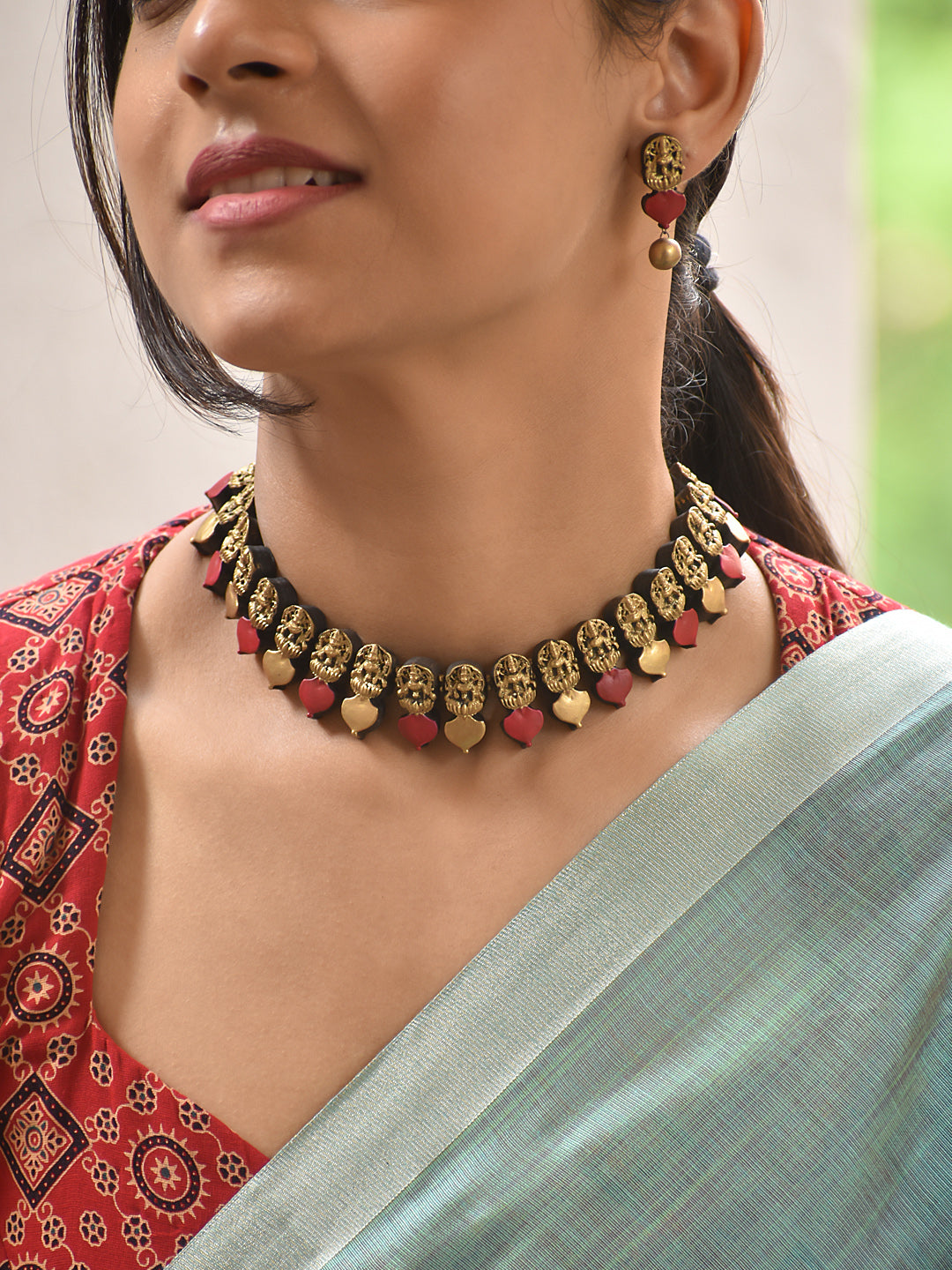 Hridaya — Temple Coin Necklace with Red Heart Drops