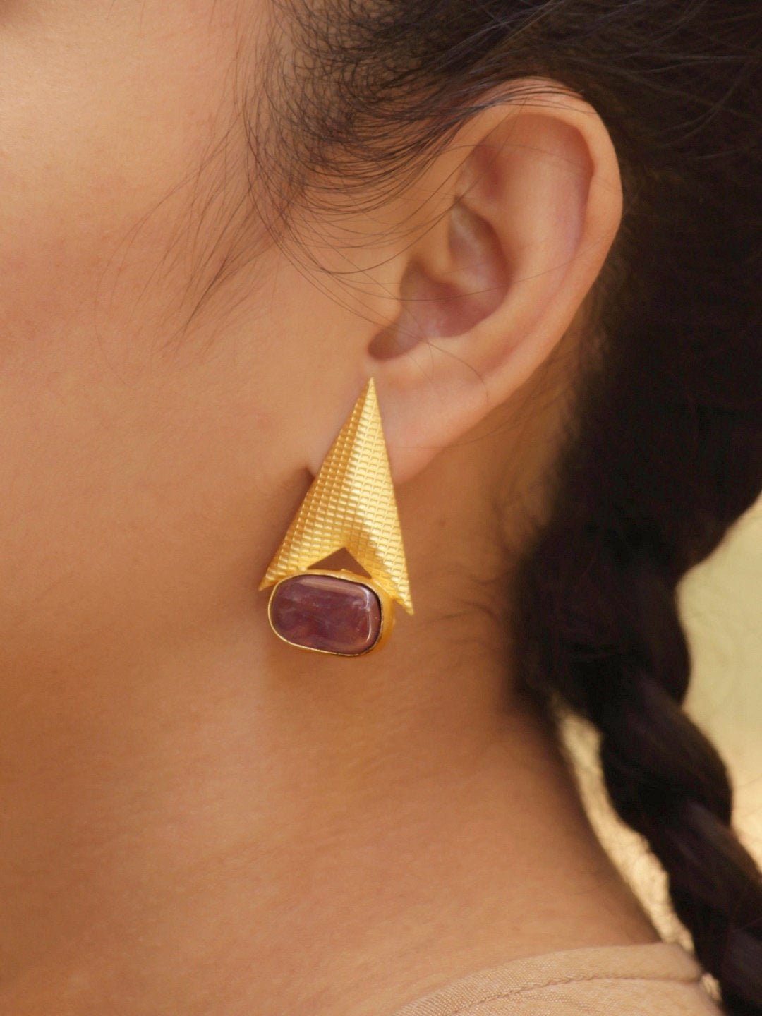 Avismaya Semi Precious Gold Plated Arrow Design Brown Color Druzy Stone Dangler Earring