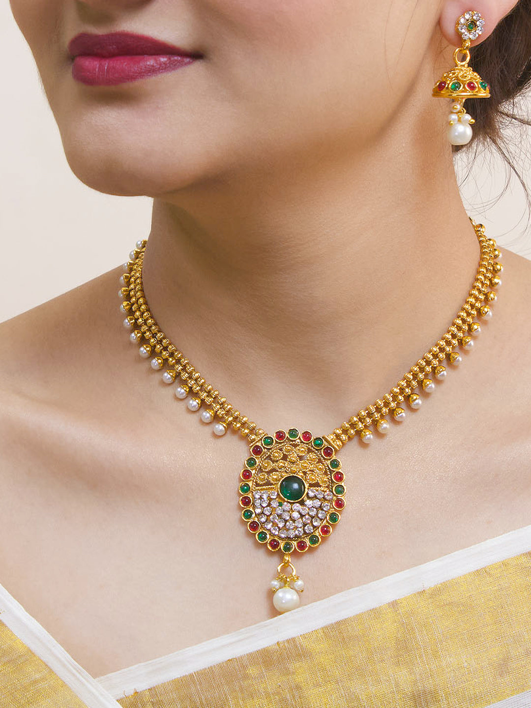 Avismaya Antique Gold Plated 2 Line Necklace With Round Shape Pendant Necklace Set