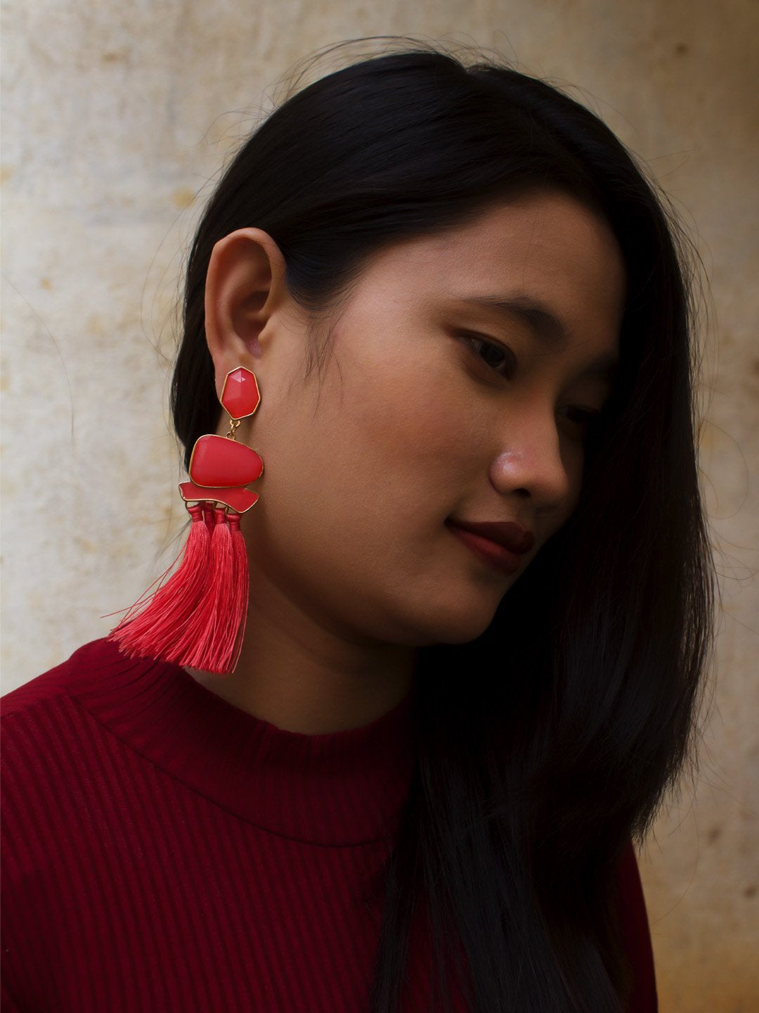 Light Red Color Tassel Stud Earring