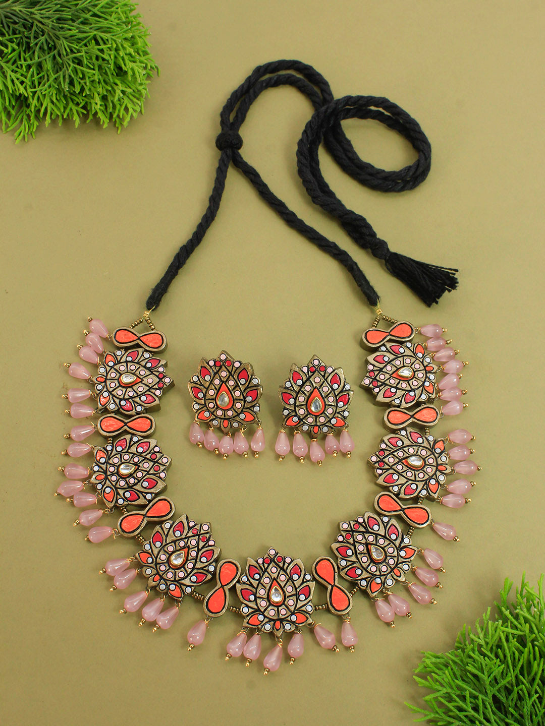 Lotus Flower Design Pink Orange White Antique Bronze Kundan Stone Handmade Terracotta Necklace Set