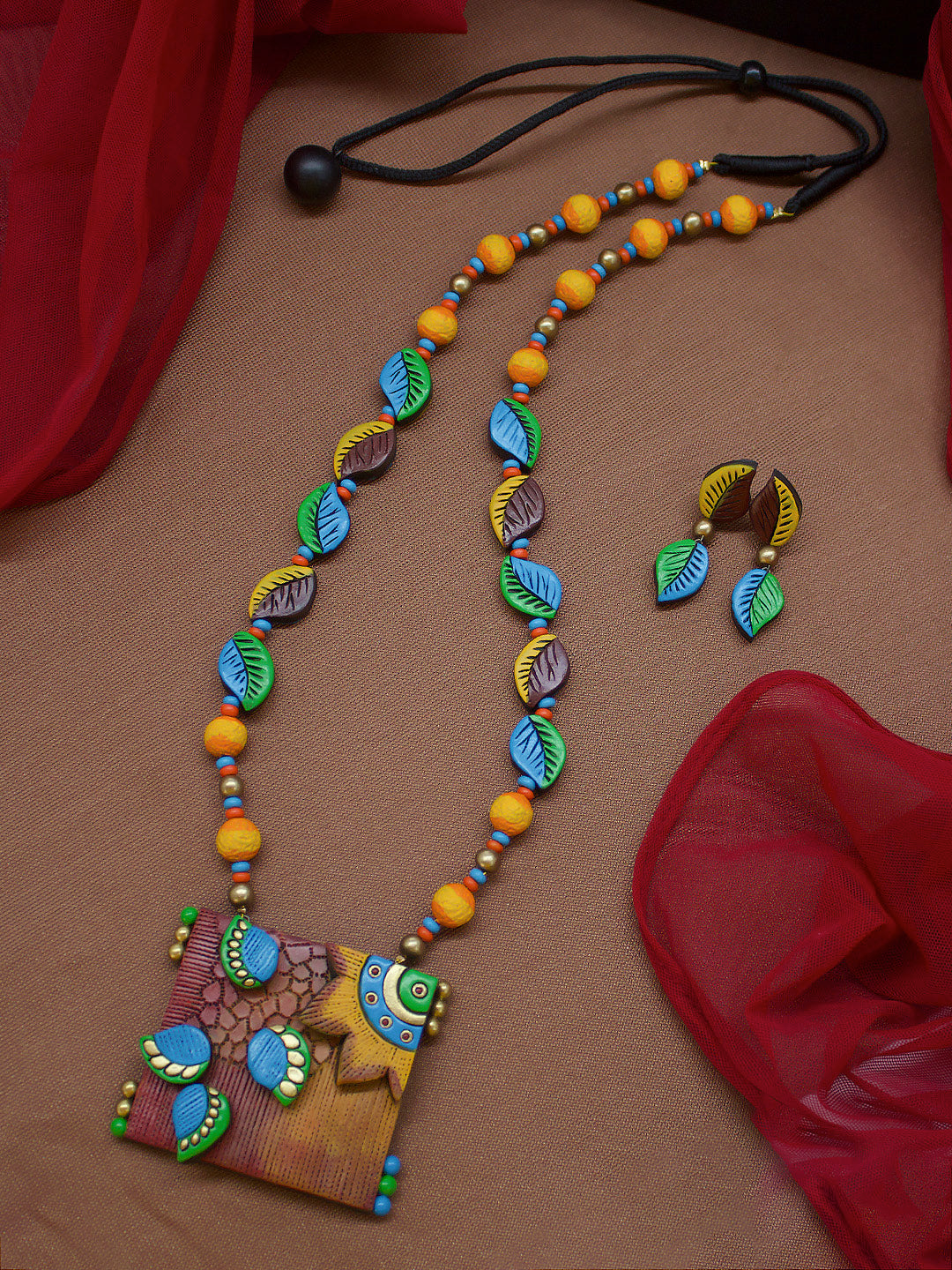 Leaf Design Hand Painted Blue Green Yellow Colored Terracotta Jewelry Set