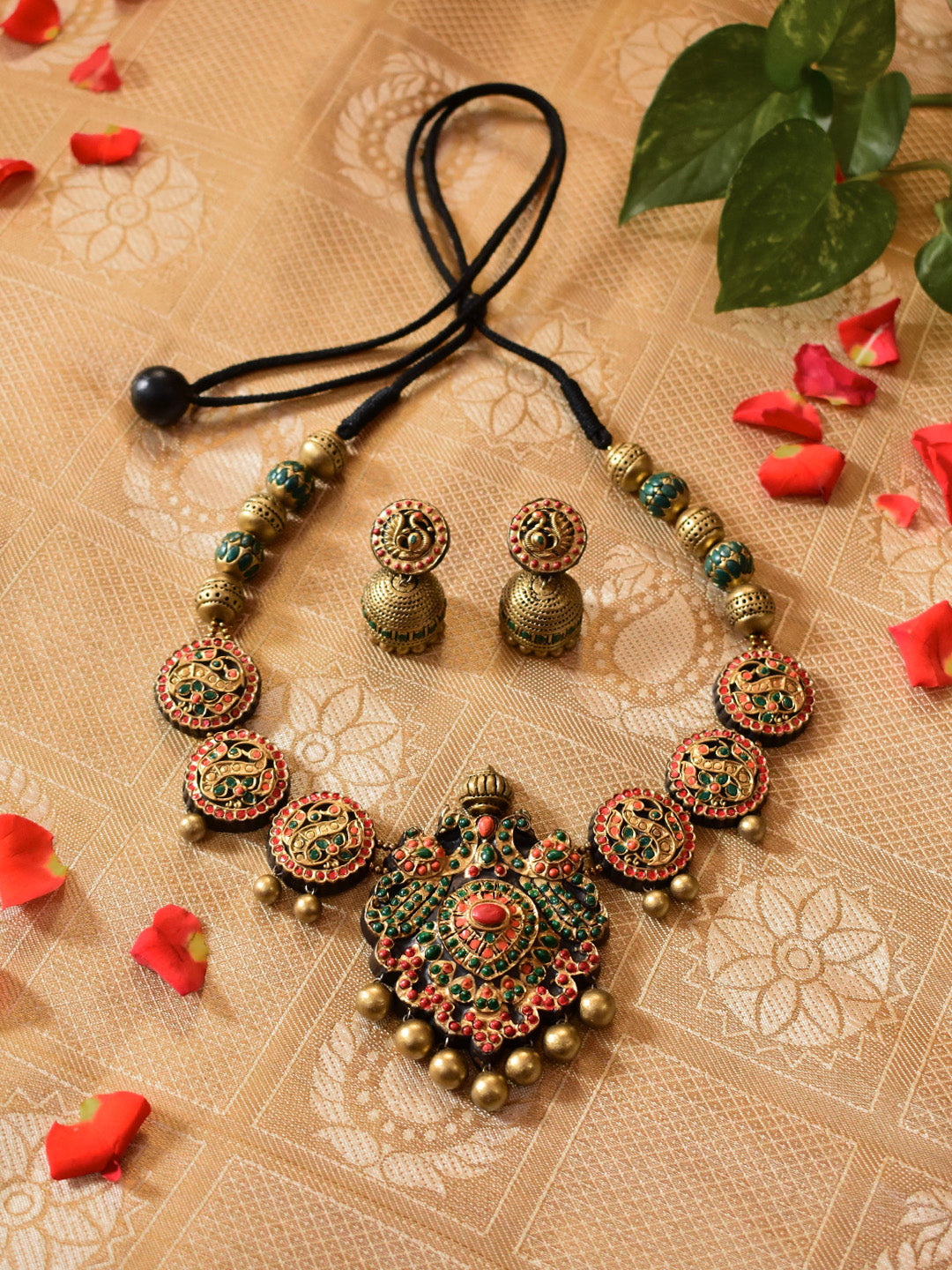 Rajavarnika — Antique Gold Red Green Orange Peacocks in Circular Disc Rajwadi Style Handmade Terracotta Necklace Set
