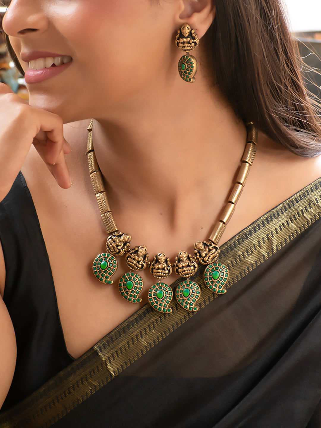 Lakshmimangala — Antique Gold Green Lakshmi and Mango Design Chain Type Temple  Handmade Terracotta Necklace Set