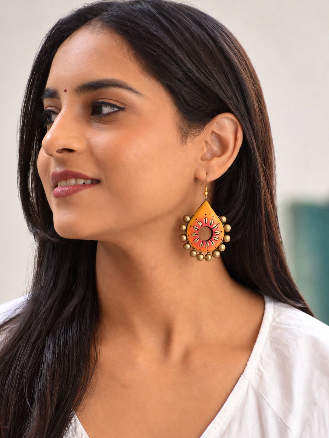 Antique Gold Yellow Pink Pear Shape Handmade Terracotta Dangler Earrings