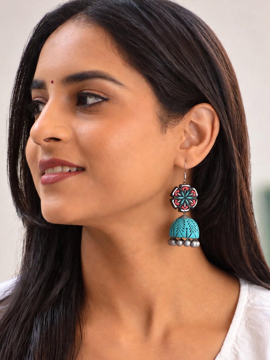 Mandal Art Work Handmade Terracotta Jhumka Earrings in Light Blue Antique Silver and Pink